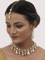 White 18k Gold Plated Kundan-Studded & Beaded Jewellery Set - Libasaa
