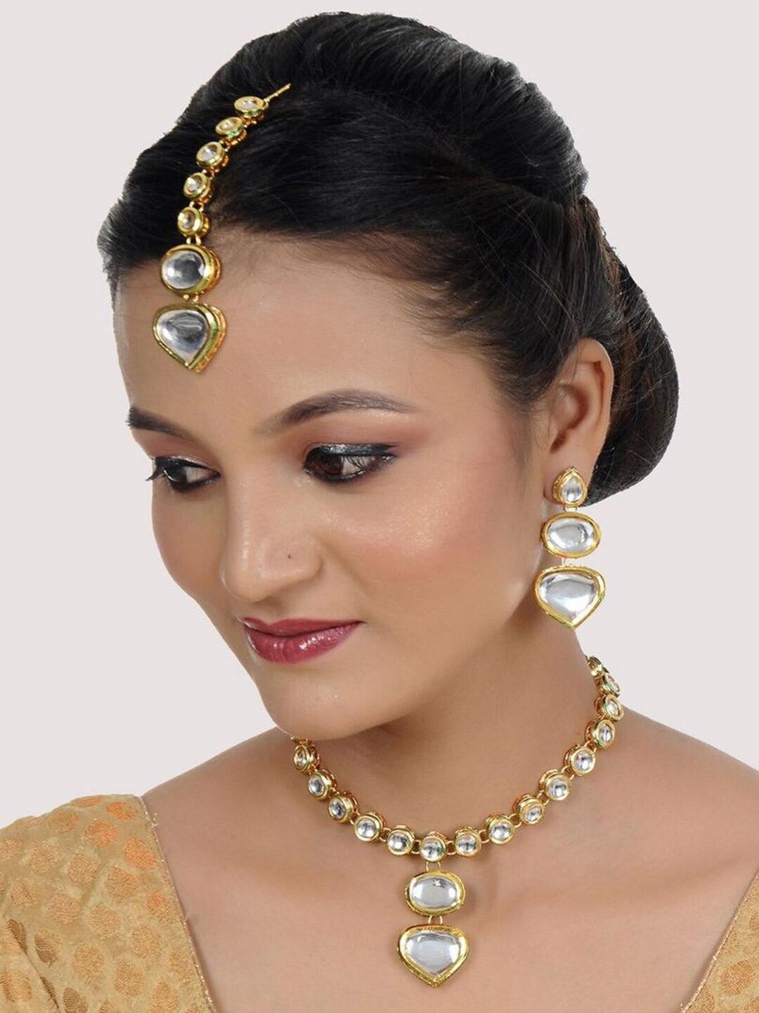 White Gold-Plated Kundan Studded Jewellery Set - Libasaa