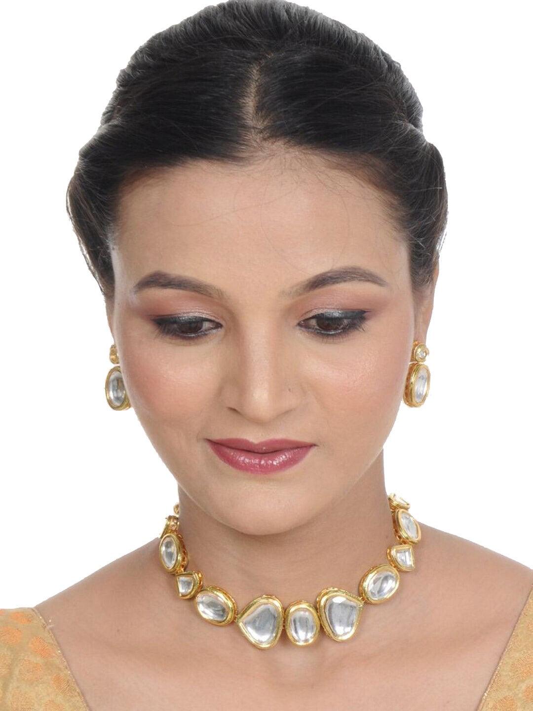 White 18k Gold Plated Kundan-Studded & Beaded Jewellery Set - Libasaa
