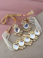 White Gold-Plated Kundan-Studded & Beaded Jewellery Set - Libasaa
