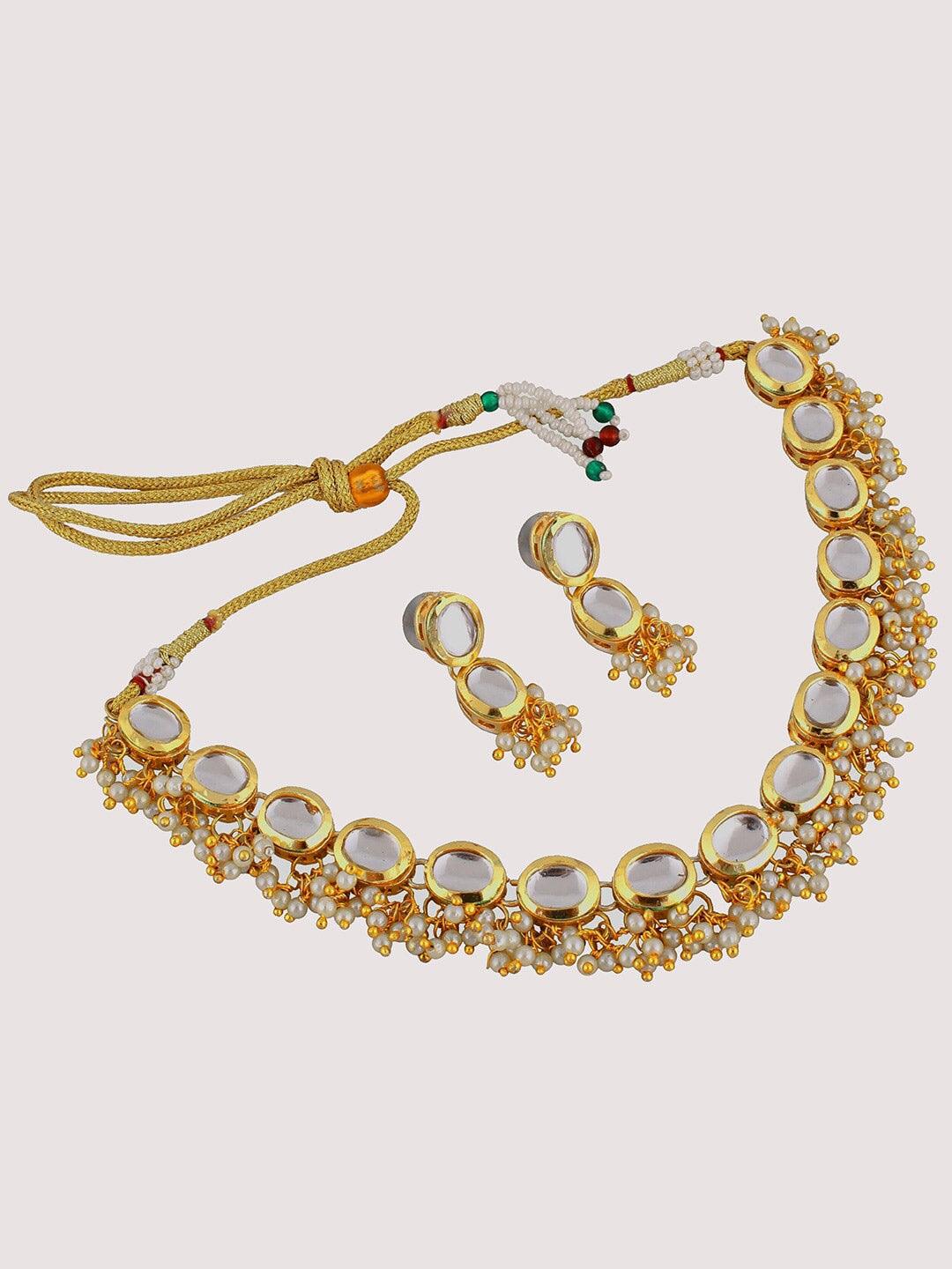 White 18k Gold-Plated Kundan-Studded & Beaded Jewellery Set - Libasaa