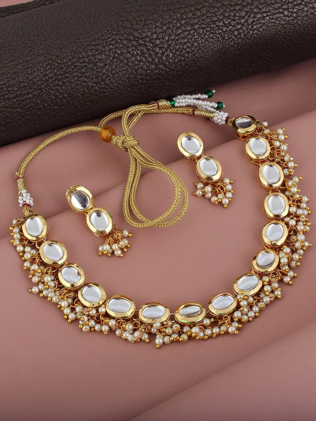 White 18k Gold-Plated Kundan-Studded & Beaded Jewellery Set - Libasaa