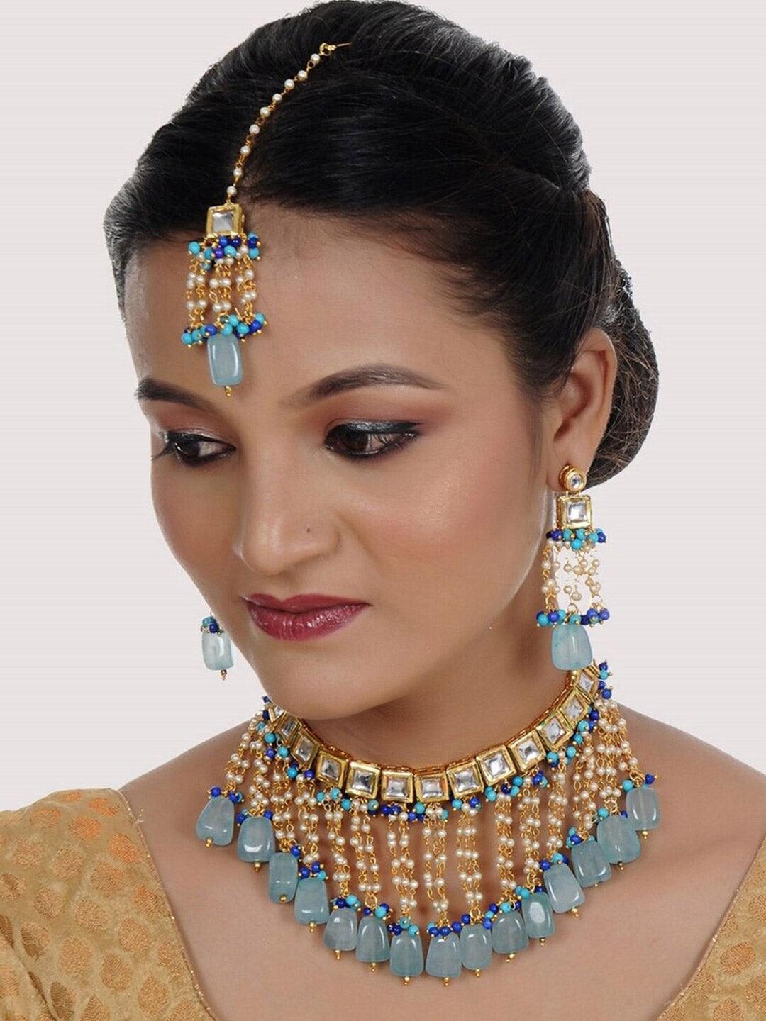 Blue Gold-Plated Ferozi Kundan Studded Jewellery Set - Libasaa