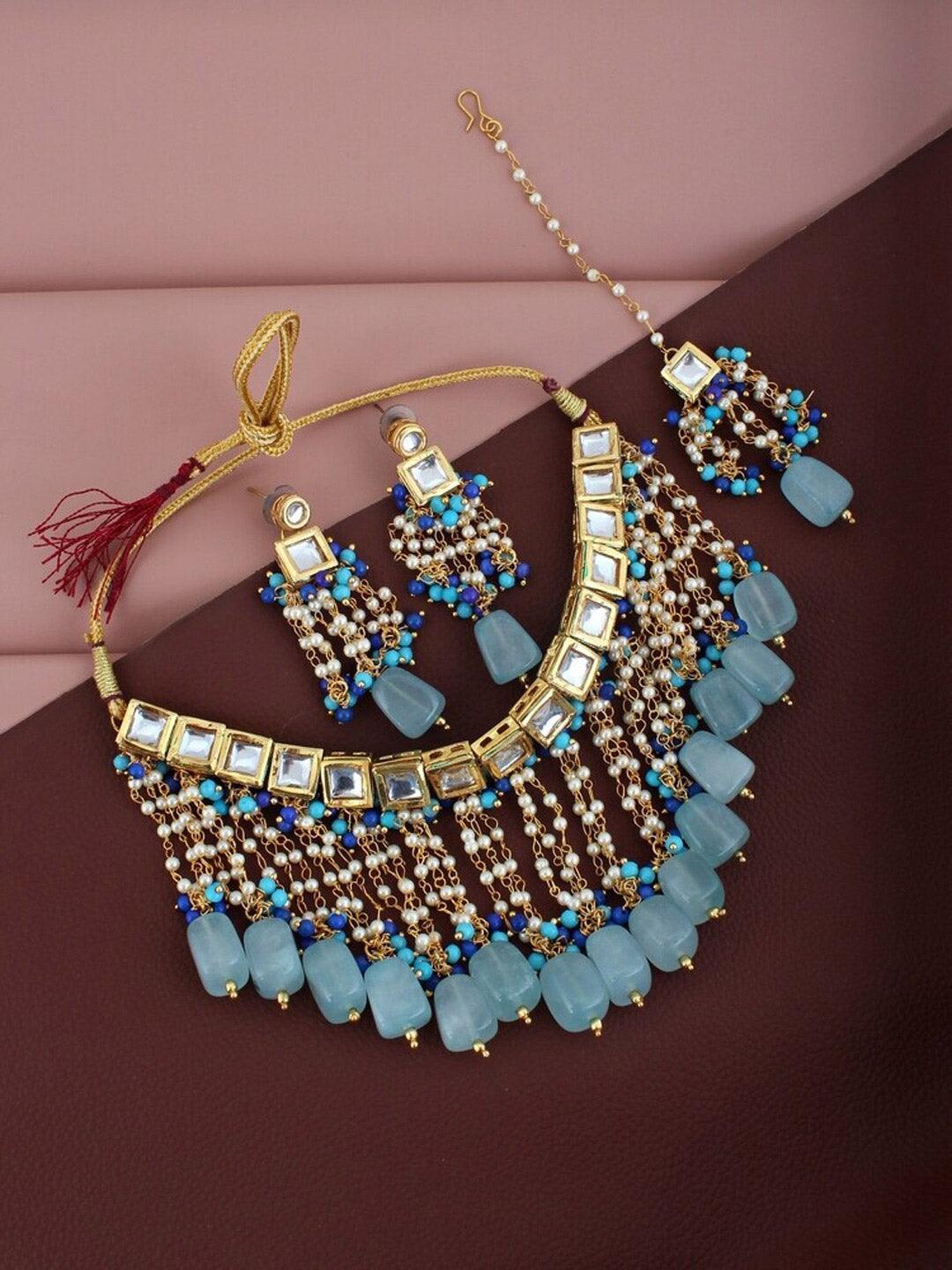 Blue Gold-Plated Ferozi Kundan Studded Jewellery Set - Libasaa