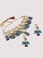 Blue 18k Gold-Plated Kundan-Studded & Beaded Meenakari Jewellery Set - Libasaa