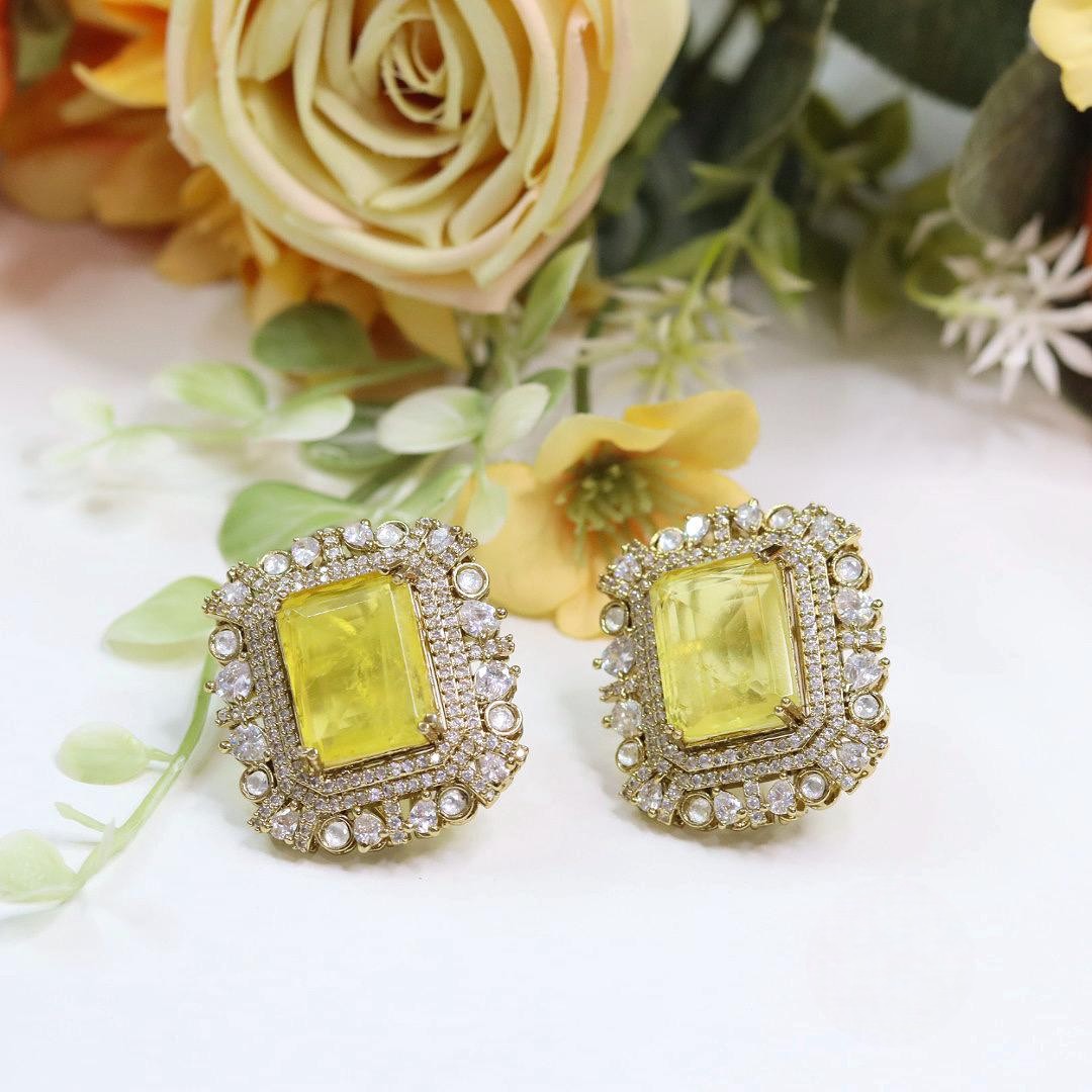 Stone Stud Earrings | Kundan Polki Style Earrings Set | Square Statement Jewellery | Premium Indian Jewellery for Women