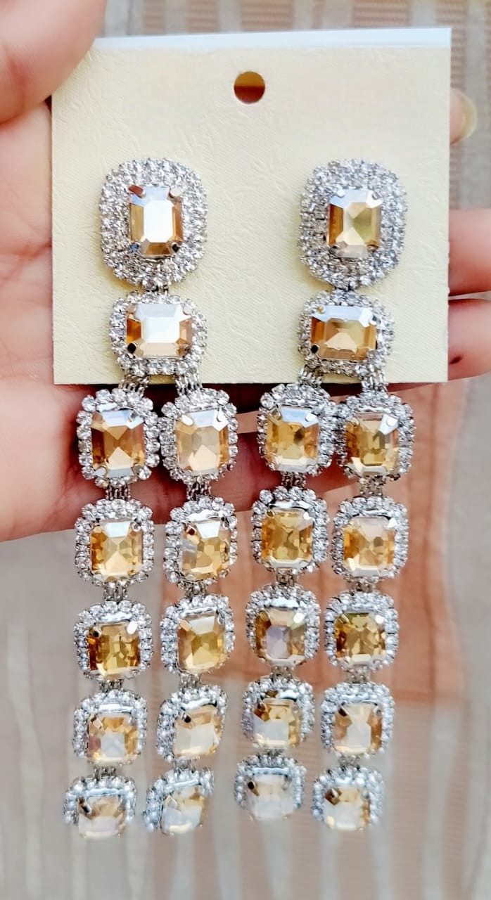 Royal Sapphire Look Long Dangler Earrings with Diamond Cut Stones | Silver Finish Party Wear Indian Jewellery Earrings Set