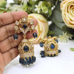 Antique Gold-Plated Jhumka Earrings with Royal Blue Stones and Filigree Peacock Studs