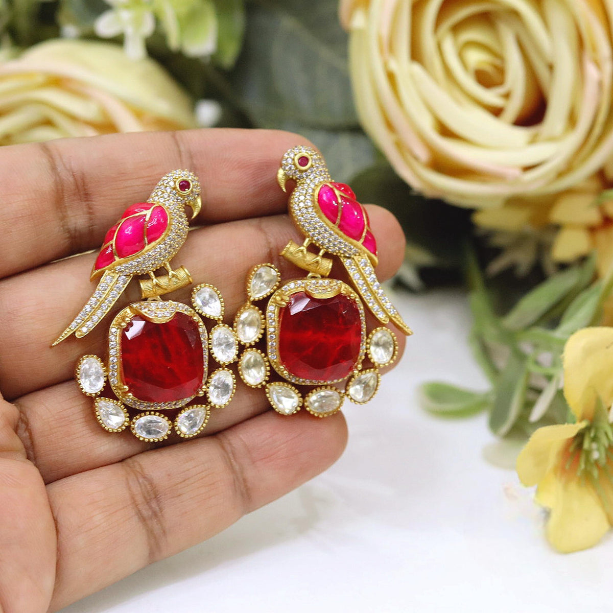 Gold Plated Amethyst Purple Parrot Drop Earrings | Indian Jewellery Crystal Bridal Indian Earring Set