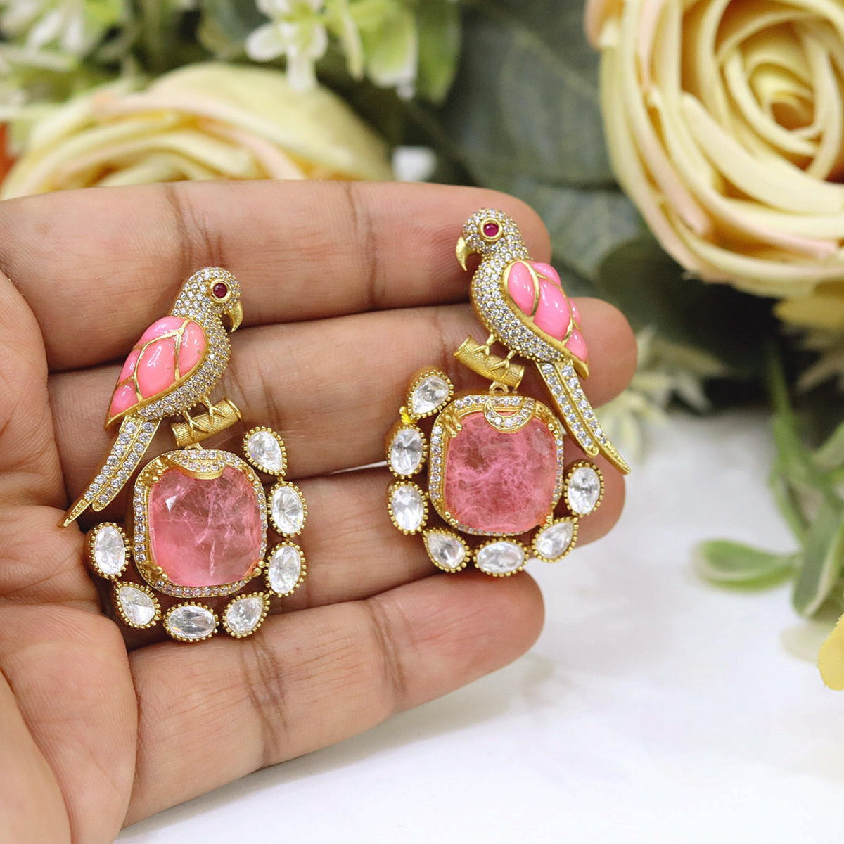 Gold Plated Amethyst Purple Parrot Drop Earrings | Indian Jewellery Crystal Bridal Indian Earring Set