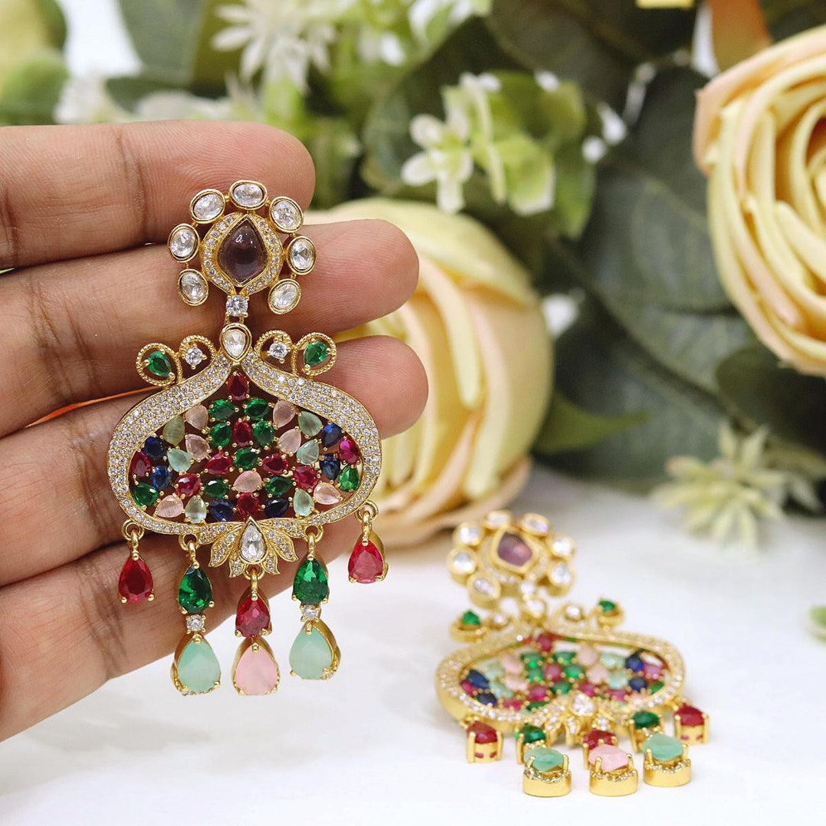 Gold Plated Kundan Chandbali Earrings Multi-Color Gemstones & Drop Charms | Indian Jewellery Bridal Indian Earring Set