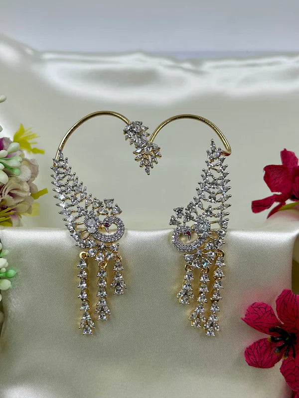 Traditional Victorian CZ Ear Cuff Earrings for Women | Silver Plated Designer Bridal Wedding & Party Wear Jewellery