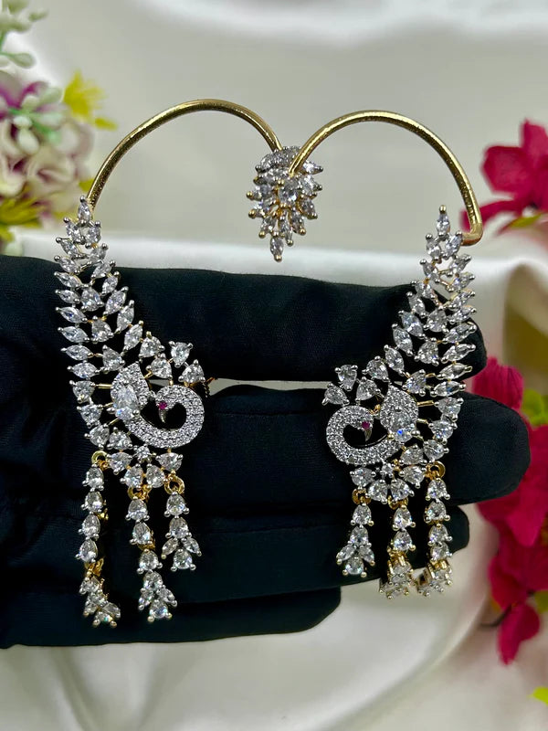 Traditional Victorian CZ Ear Cuff Earrings for Women | Silver Plated Designer Bridal Wedding & Party Wear Jewellery