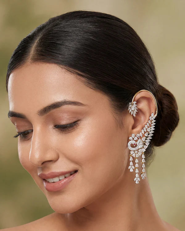 Traditional Victorian CZ Ear Cuff Earrings for Women | Silver Plated Designer Bridal Wedding & Party Wear Jewellery