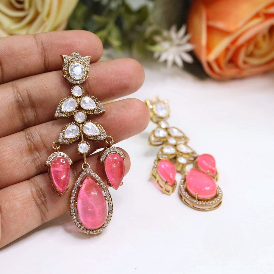 Stone Kundan Polki Chandelier Earrings Set | Kundan Polki Stones Earring Set | Premium Indian Jewellery for Women
