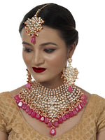 Pink 18k Gold-Plated Kundan Studded & Beaded Jewellery Set - Libasaa