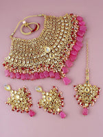Pink 18k Gold-Plated Kundan Studded & Beaded Jewellery Set - Libasaa