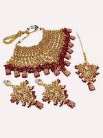 Maroon Gold-Plated Kundan Studded & Beaded Choker Bridal Jewellery Set - Libasaa
