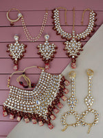 Maroon Gold-Plated Kundan Studded & Beaded Choker Bridal Jewellery Set - Libasaa