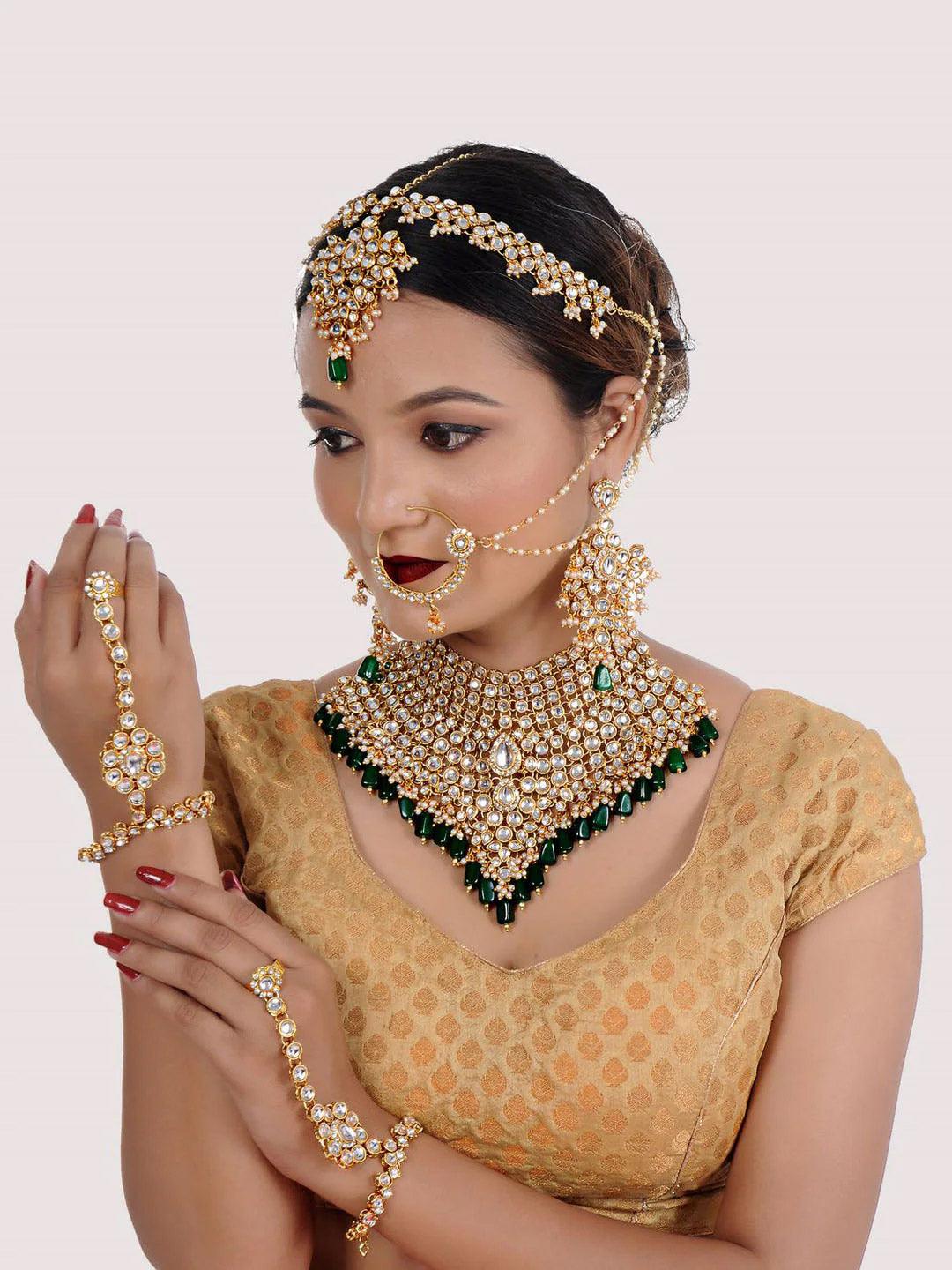 Green Gold-Plated Crystal Stone Studded Bridal Jewellery Set - Libasaa