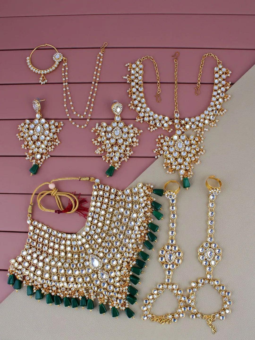 Green Gold-Plated Crystal Stone Studded Bridal Jewellery Set - Libasaa