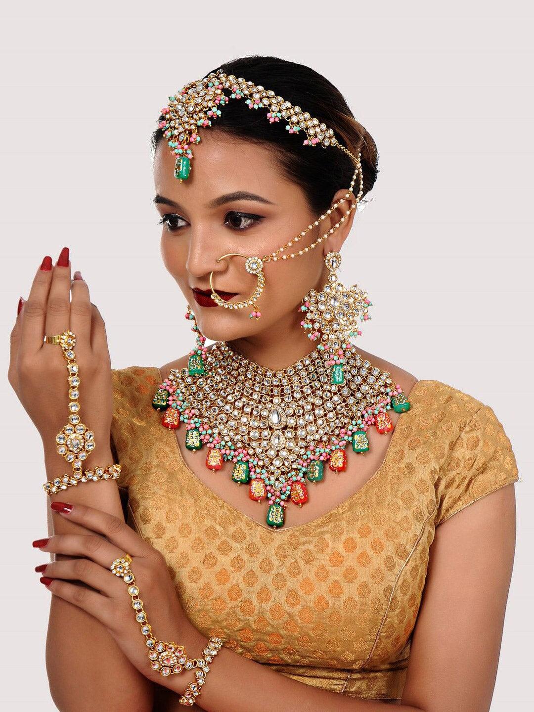 Multi 18K Gold-Plated Kundan-Studded & Beaded Bridal Jewellery Set - Libasaa