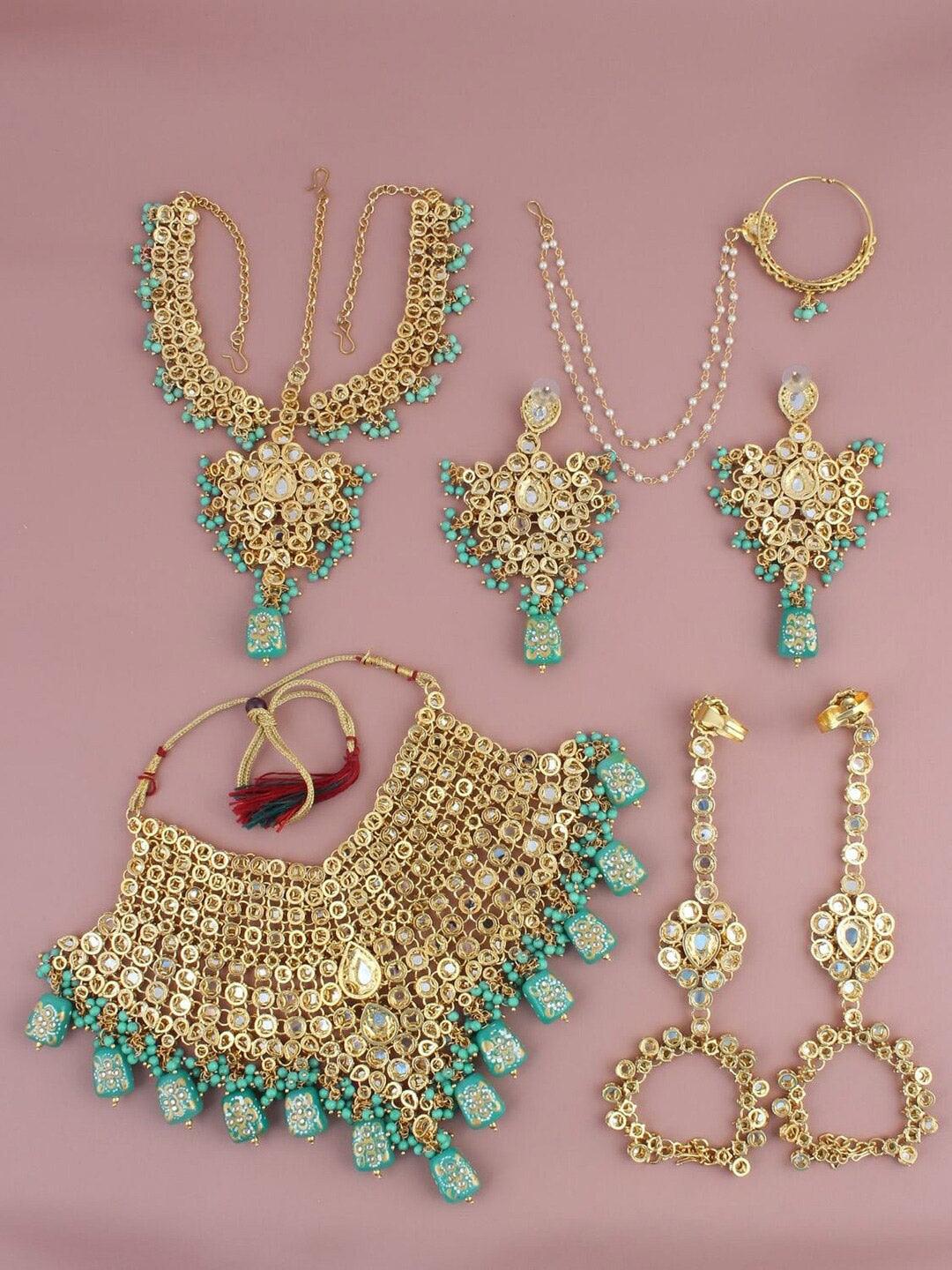 Blue Gold-Plated Kundan Studded & Beaded Choker Bridal Jewellery Set - Libasaa