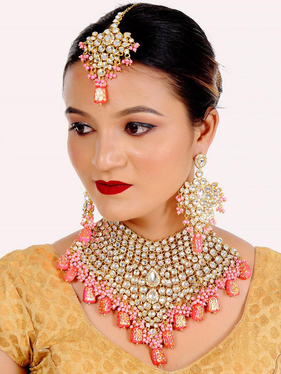 Pink Gold-Plated Crystal Stone Studded Bridal Jewellery Set - Libasaa