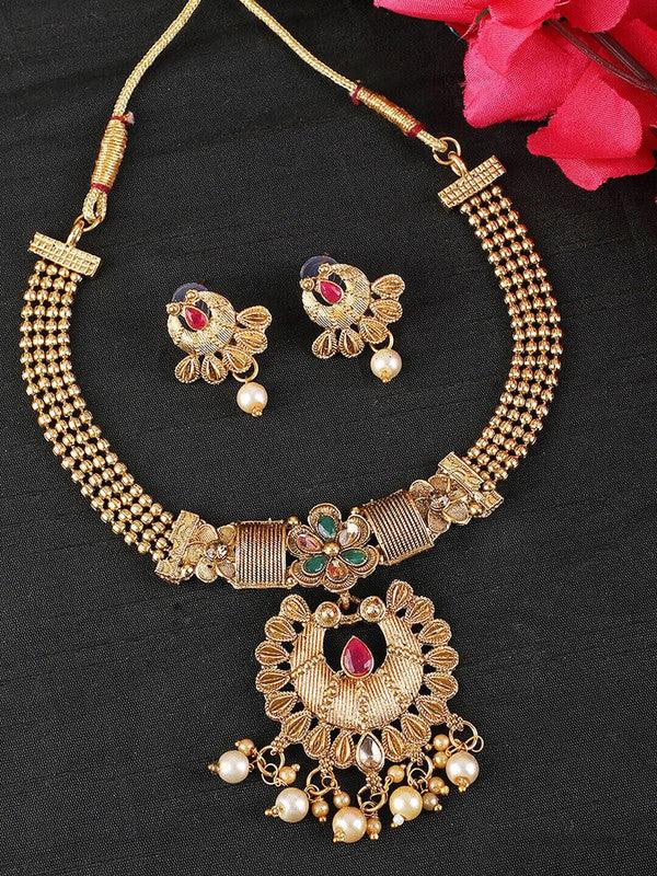 Women's Gold Plated Traditional Filgaree Stone And Pearl Brass Necklace With Earring - Libasaa