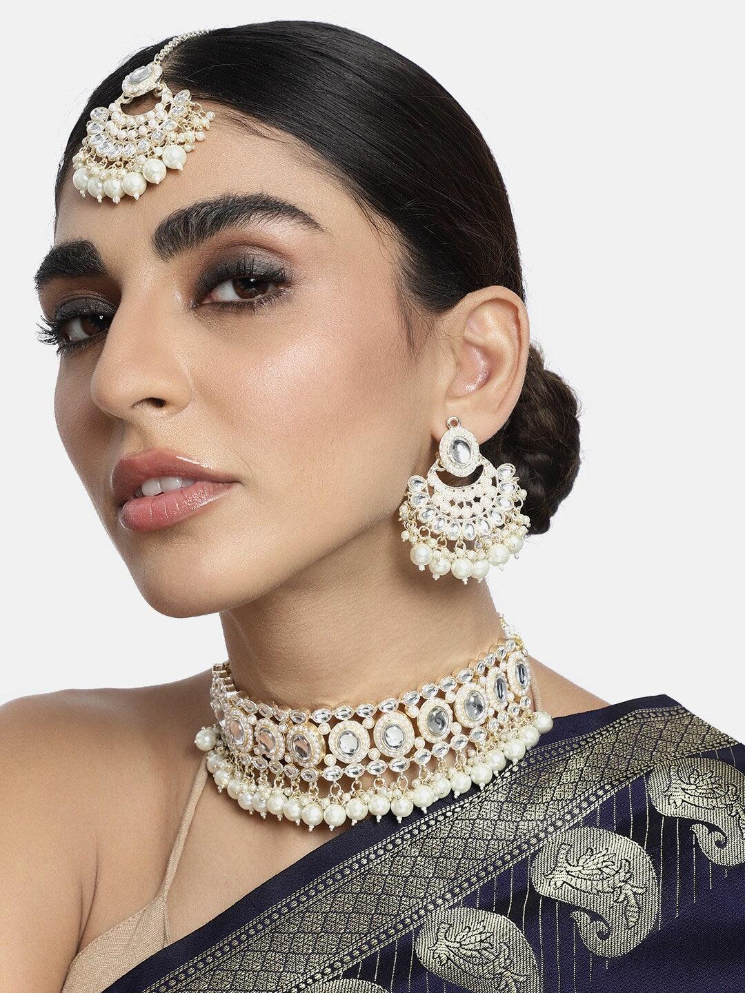 White Gold-Plated Kundan Pearl Studded Choker Necklace Jewellery Set For Girls and Women - Libasaa