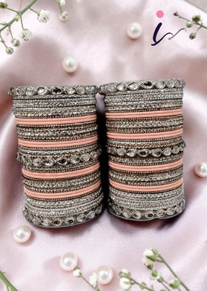 Matte Finish Bangle Set with Metal Kadas and Stone Work, Traditional Indian Bridal Bangles for Women