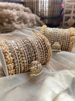 Indian Bangle Set, Golden Stone Pearl Asian Bangles with Jhumki, Traditional Bridal Wedding Jewelry for Women