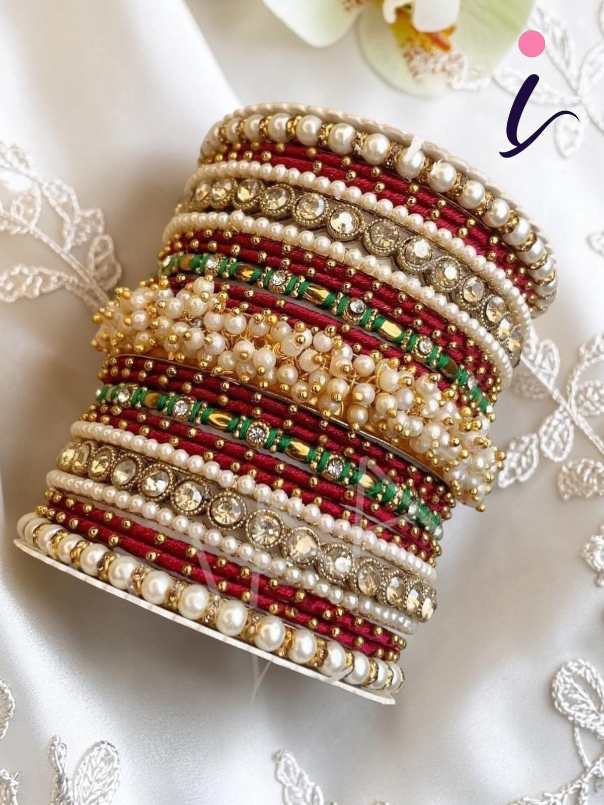 Indian Pearl Bangles Set with Stone Work Kada for Women | Bridal Wedding Designer Bangle Collection | Sizes 2.4, 2.6, 2.8, 2.10