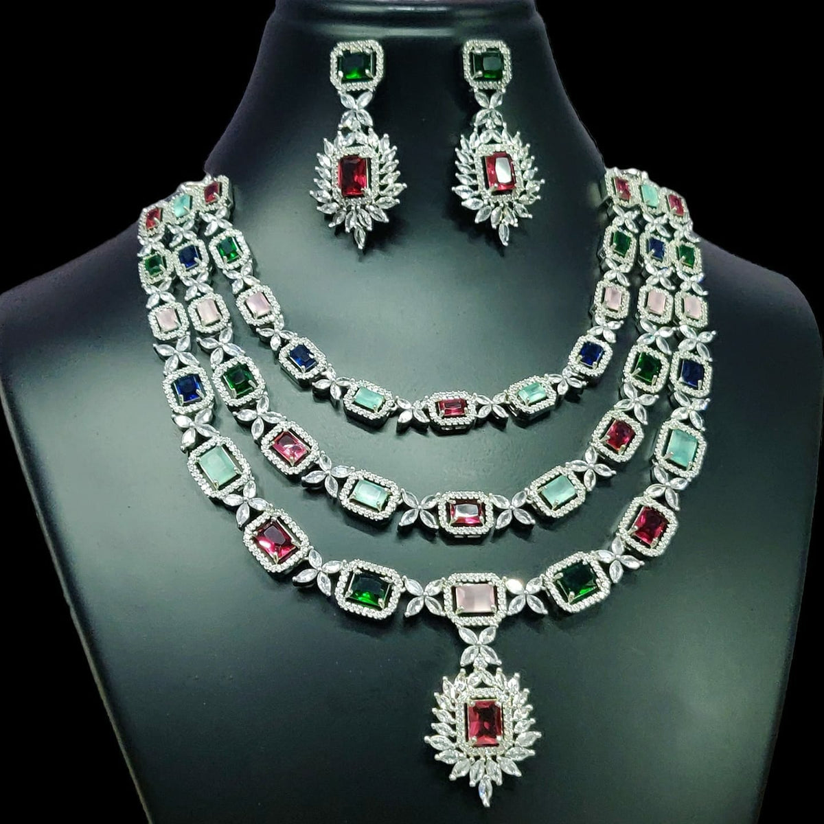 Triple Layer CZ Kundan Necklace Earrings Set | Kundan Jewelry | AD Jewelry | Indian Jewelry | Traditional Jewelry