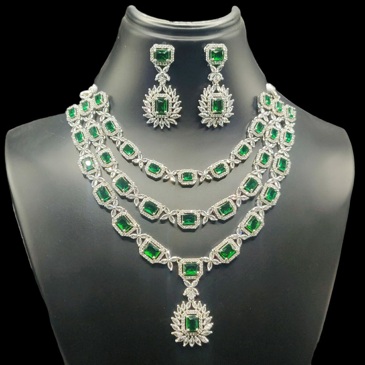 Triple Layer CZ Kundan Necklace Earrings Set | Kundan Jewelry | AD Jewelry | Indian Jewelry | Traditional Jewelry