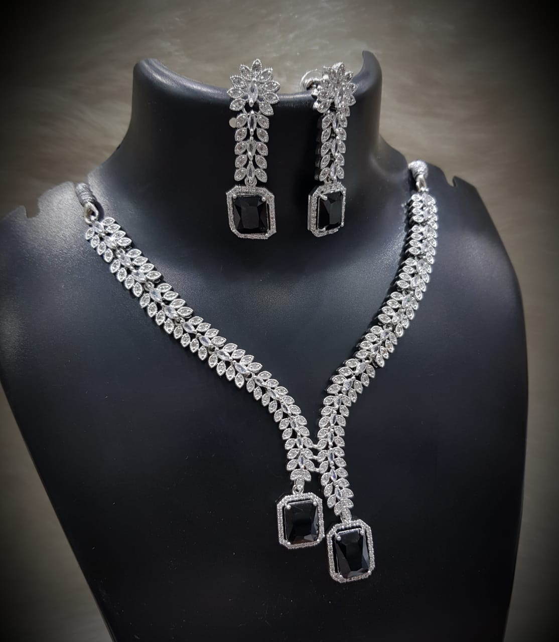 Flower Design Silver Finish CZ Choker Earrings Set - AD Kundan Choker Indian Jewelry