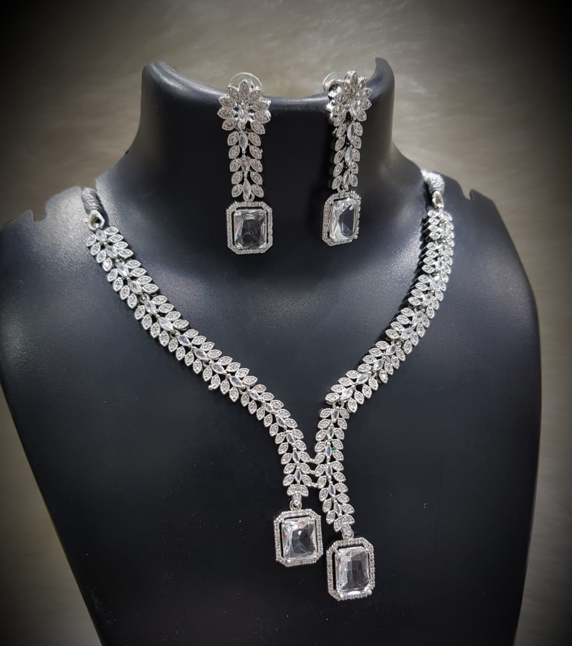 Flower Design Silver Finish CZ Choker Earrings Set - AD Kundan Choker Indian Jewelry