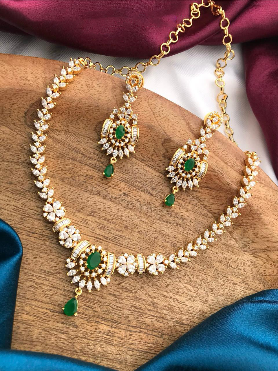 Indian Gold Plated Floral CZ Choker Earrings Set - AD Choker Indian Jewelry