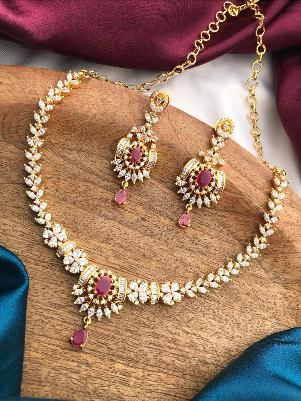 Indian Gold Plated Floral CZ Choker Earrings Set - AD Choker Indian Jewelry
