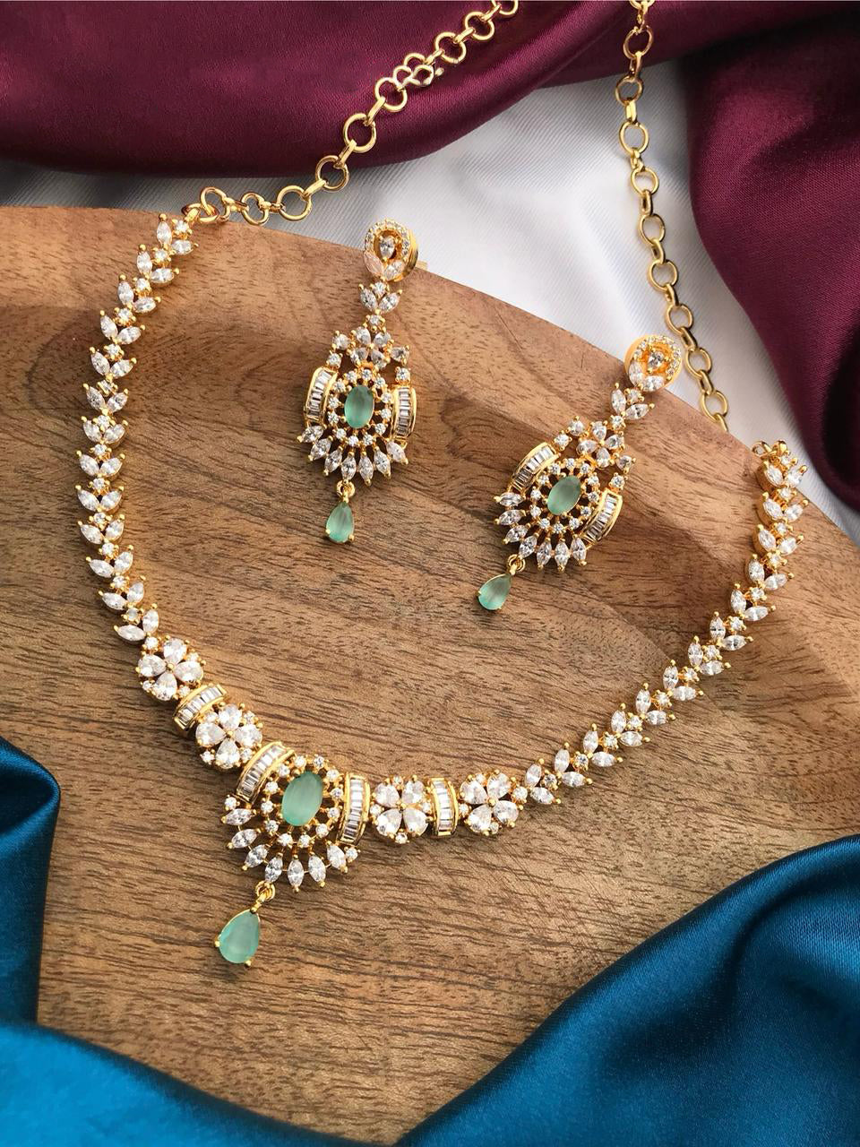 Indian Gold Plated Floral CZ Choker Earrings Set - AD Choker Indian Jewelry