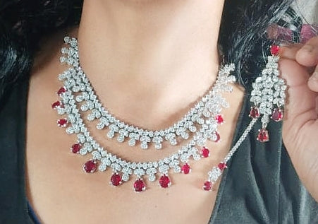 Double Layered American Diamond CZ Silver Finish Choker Eearings Set For Wedding - AD Layered Indian Jewelry