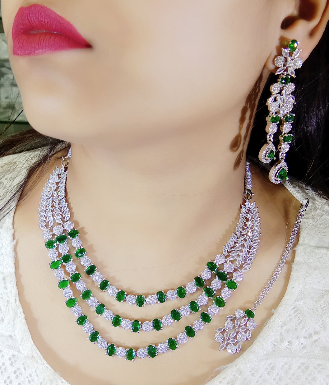 Pakistani Multilayer Silver Finish CZ Choker Earrings Maangtikka Set - Layered AD Choker Earrings Pakistani Jewelry