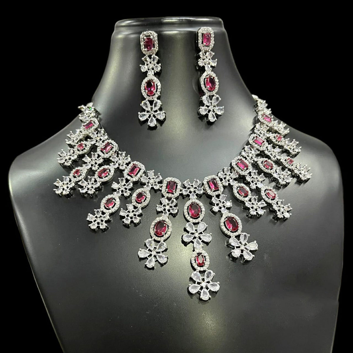 Punjabi AD Floral Silver Toned Choker Earrings Set - CZ Flower Diesign Choker Set Indian Jewelry
