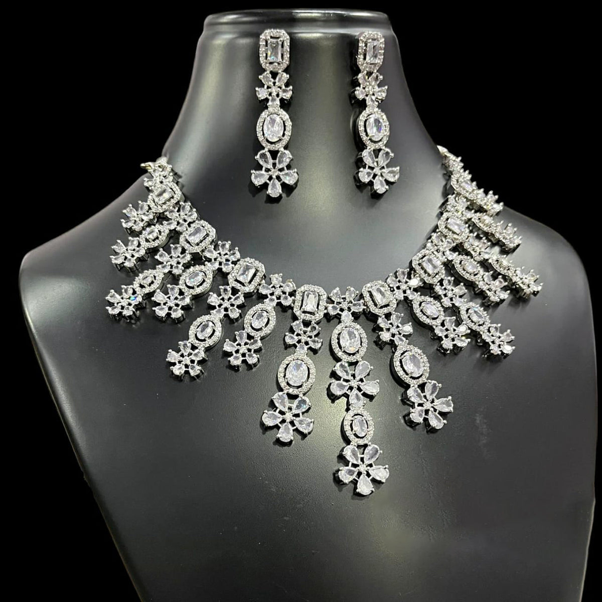 Punjabi AD Floral Silver Toned Choker Earrings Set - CZ Flower Diesign Choker Set Indian Jewelry