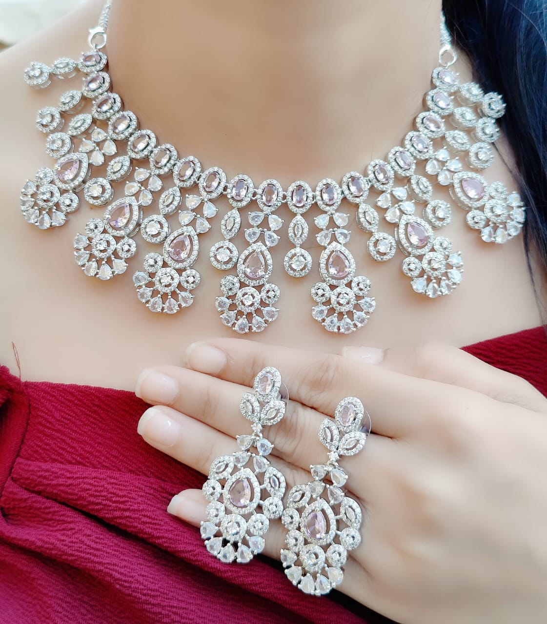 Indian Silver Tone Floral AD Choke Earrings Set - Floral AD Jewelry Set