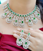 Indian Silver Tone Floral AD Choke Earrings Set - Floral AD Jewelry Set