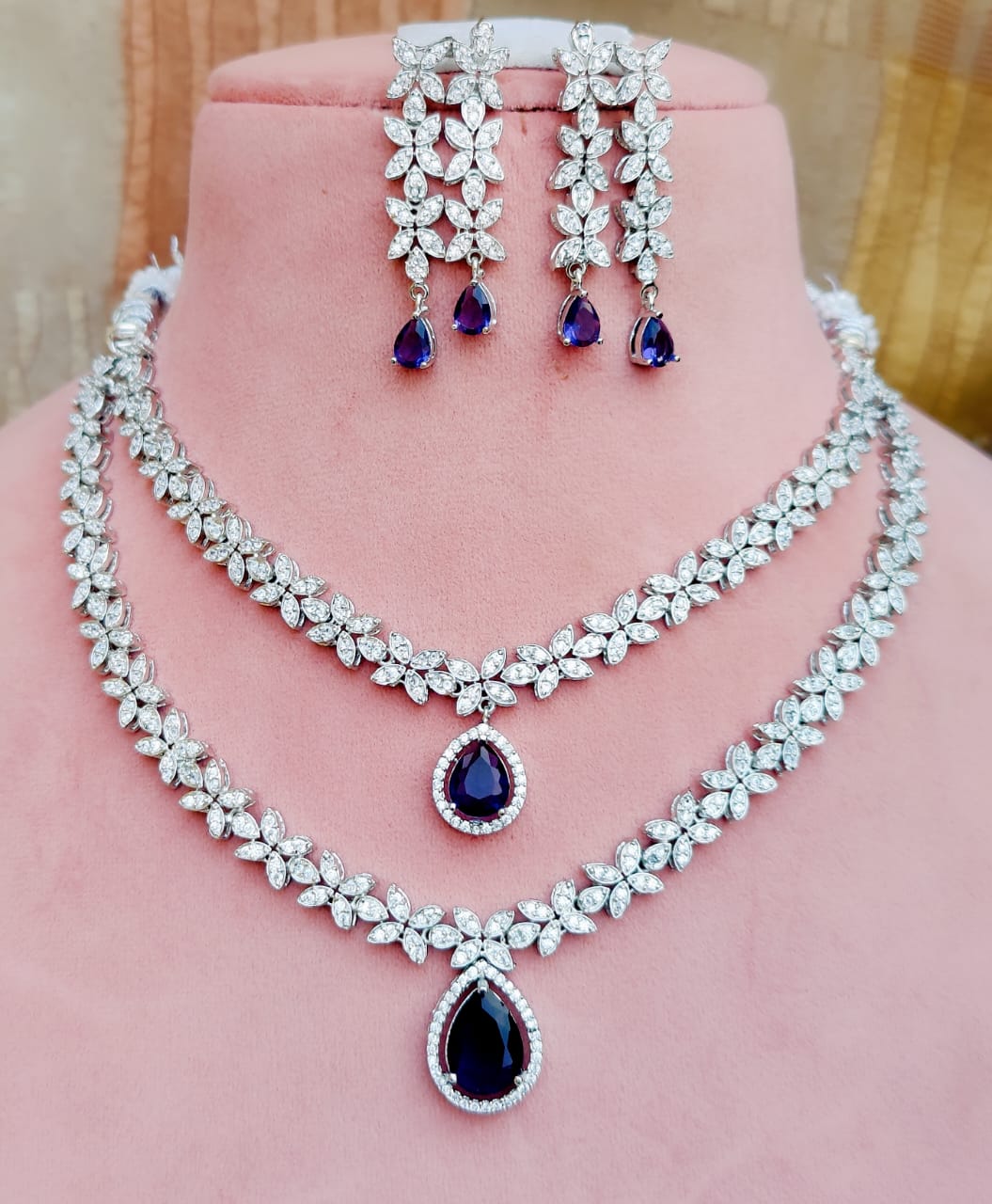 Indian Double Layered Silver Finish AD Choker Earrings Set