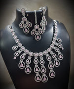 Multi Layered Silver Finish CZ Necklace Earrings Mangtika Set - CZ Floral Necklace Set