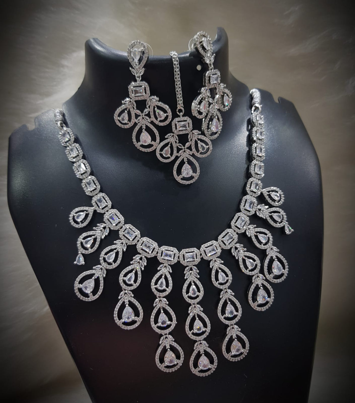 Multi Layered Silver Finish CZ Necklace Earrings Mangtika Set - CZ Floral Necklace Set