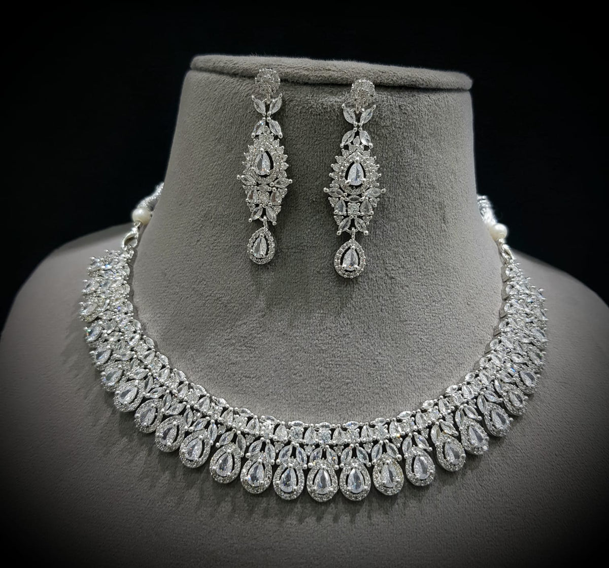 Punjabi Silver Plated CZ Choker Earrings Set - CZ Jewelry Set